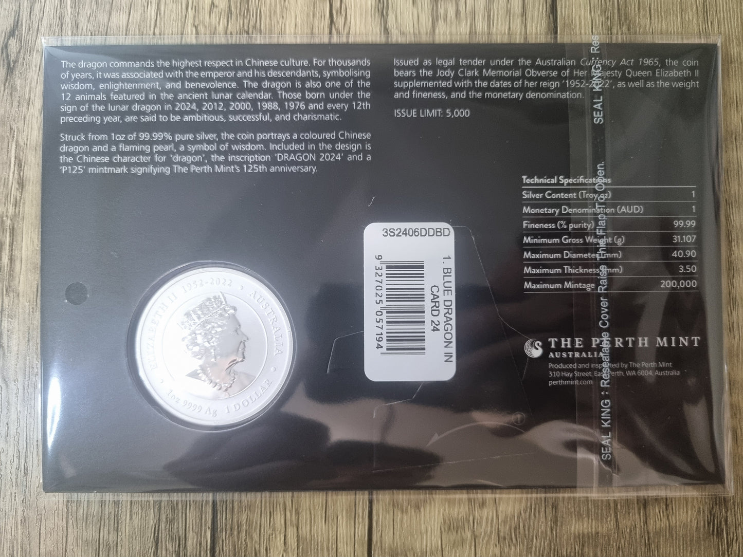 Lunar s3 - 1oz Electric Blue Dragon card (Perth show)