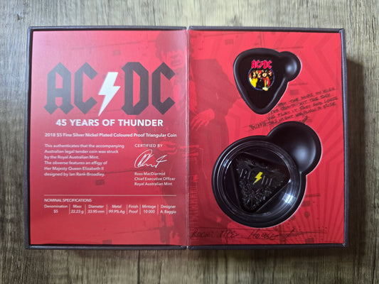ACDC $5 45Years of Thunder Triangle Coloured Nickle Plated Silver Proof w/ guitar pick