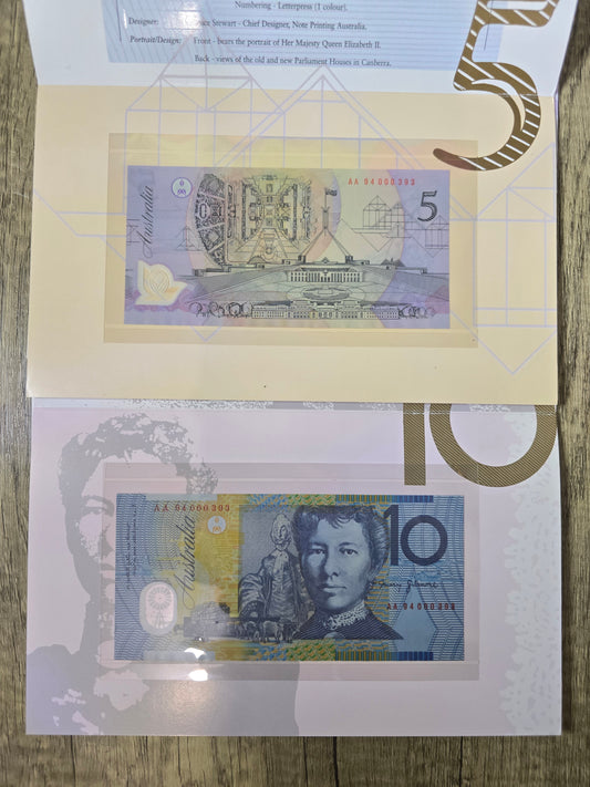 1994 low numbered $5/$10 matching serials AA #393 (Red Serial)