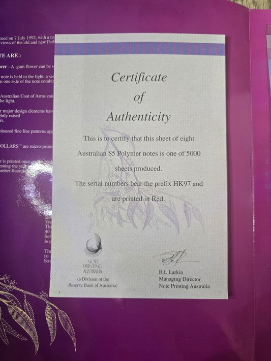 $5 HongKong HK97 Sheet if Eight Folio (red serial)