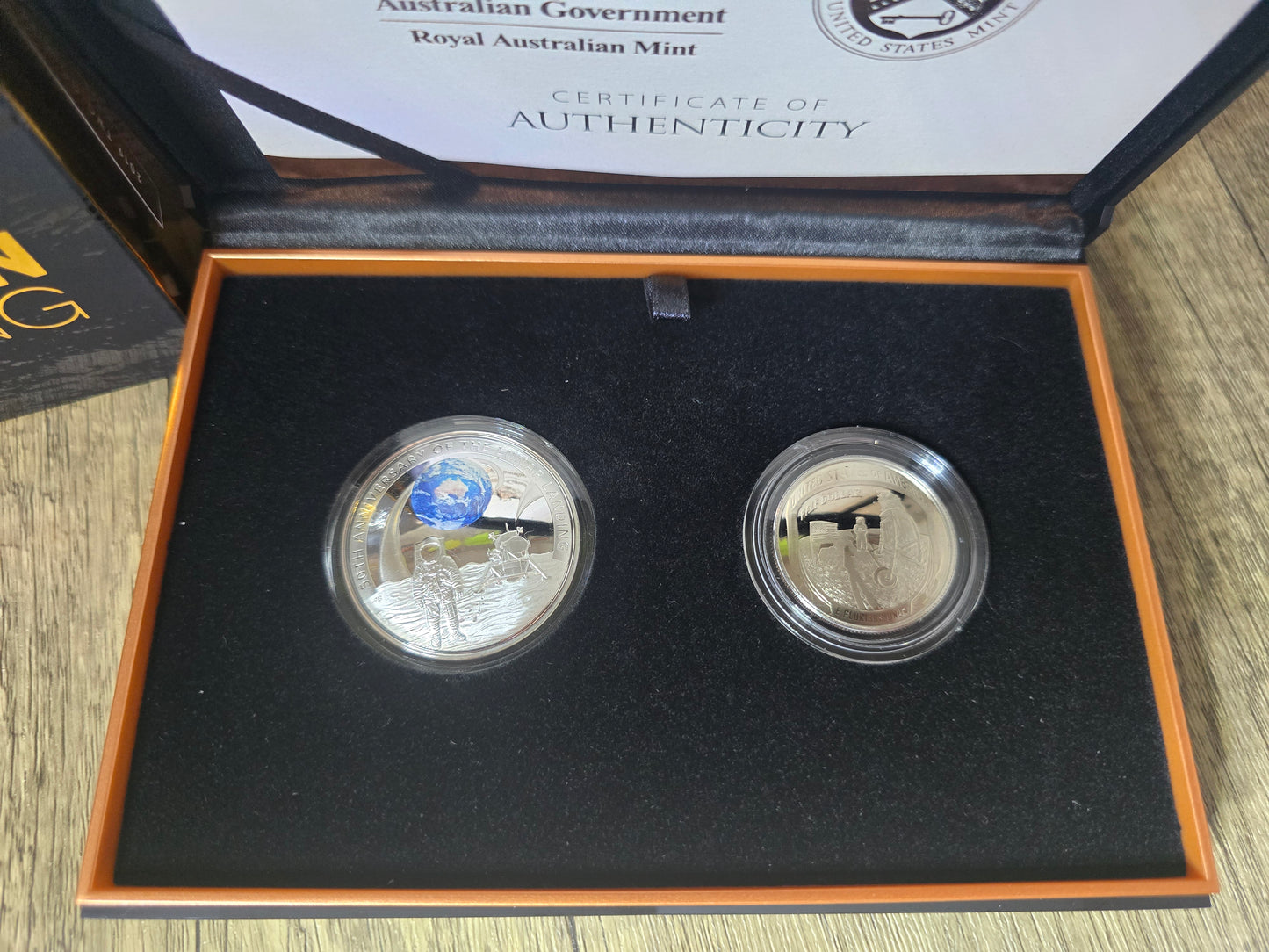 Apollo 11, 50th Anniversary moon landing 2-coin joint issue proof set (USA/AUS)