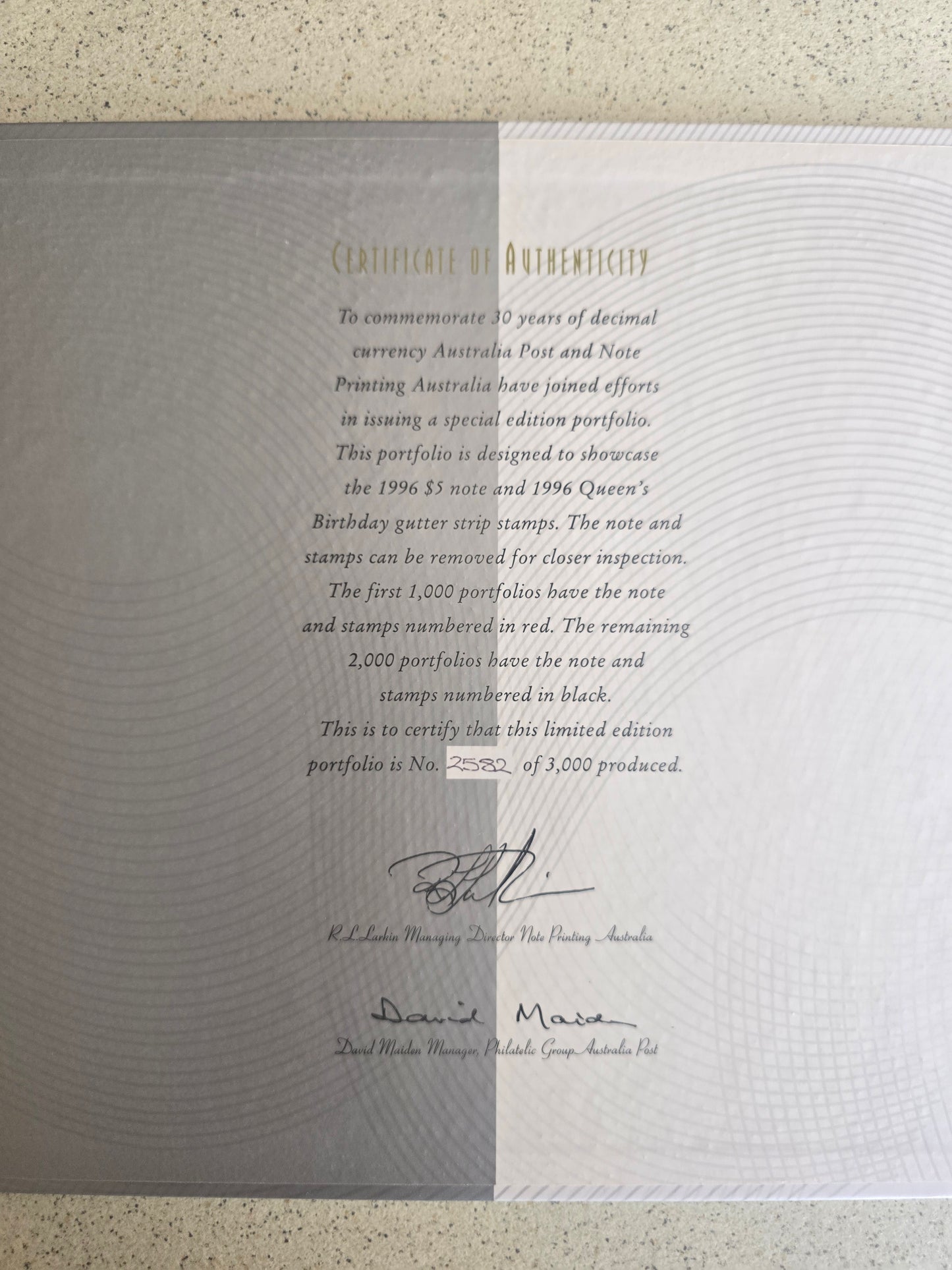 30years of Decimal Currency $5 Folder 1996 (black serial)