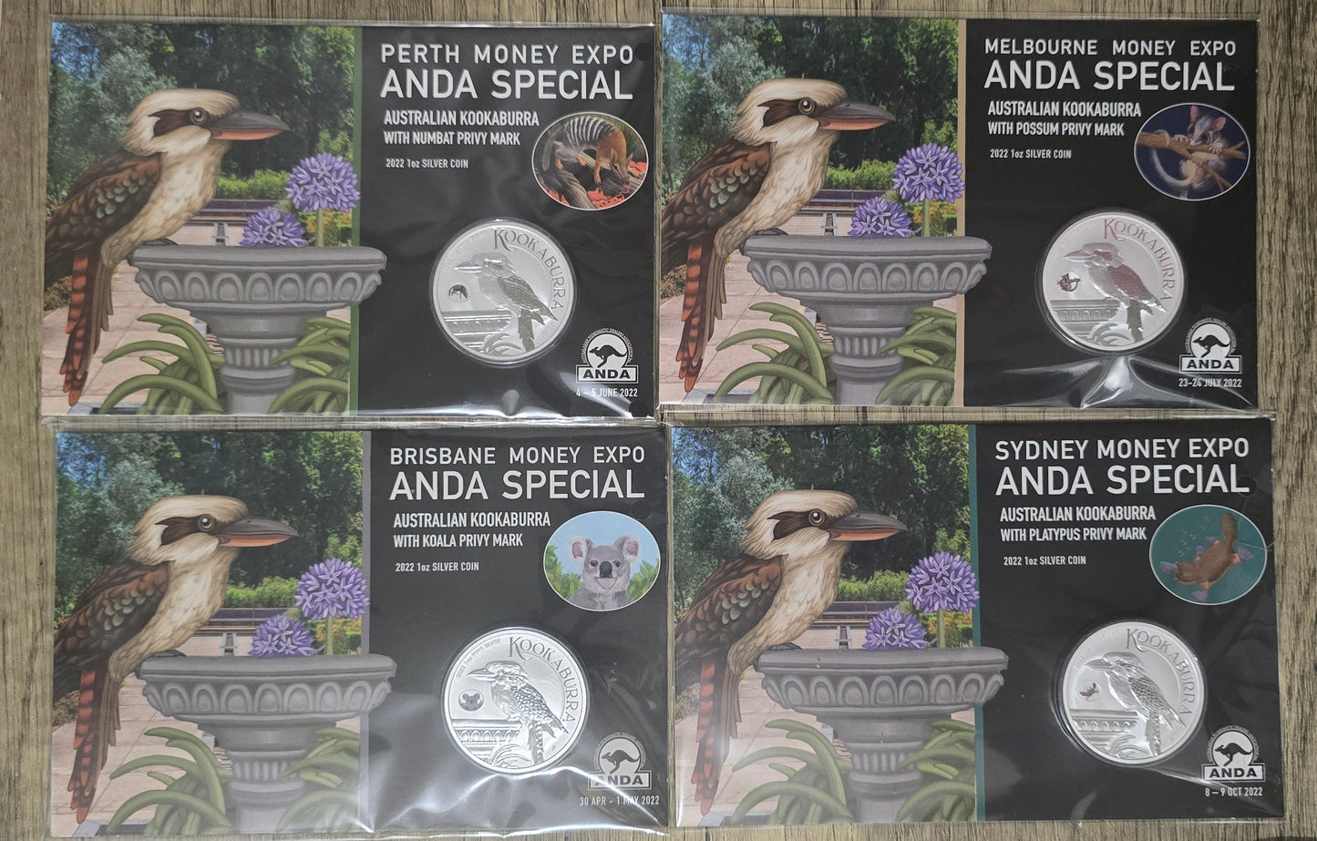 ANDA 2022 Kookaburra 1oz coloured animal privy (set of 4)