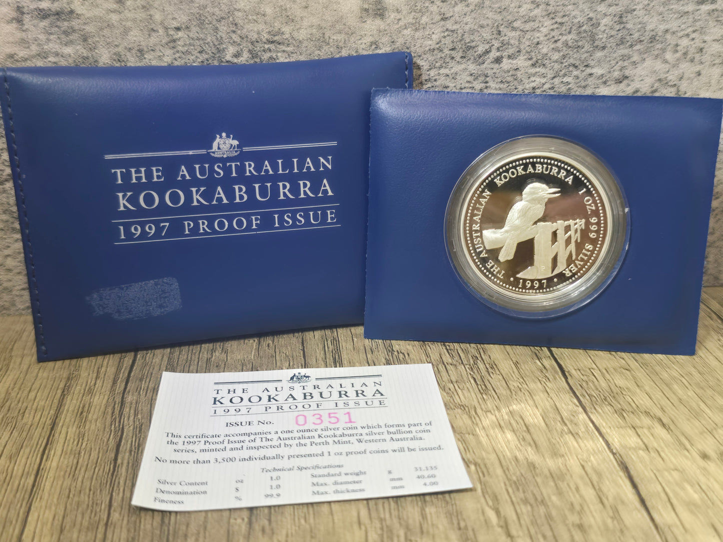 Kookaburra 1oz proof, blue wallet pouch, 1997