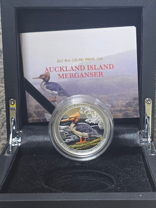 Auckland Island Merganser 2oz coloured proof, 2021