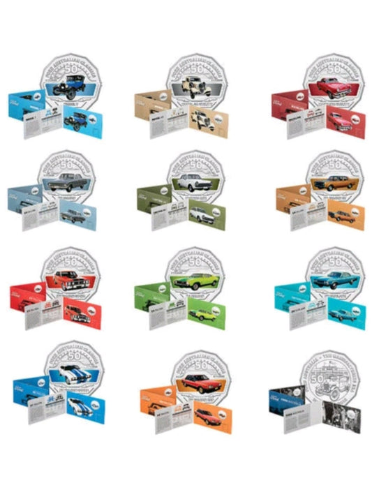 Ford Manufacturers 12-coin 50c card tin set