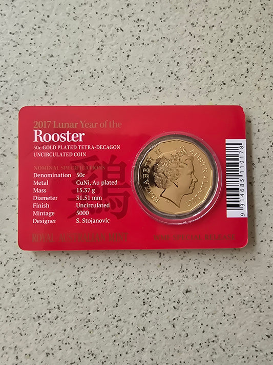 Lunar Rooster 50c Gold Plated Tetradecagon card 2017