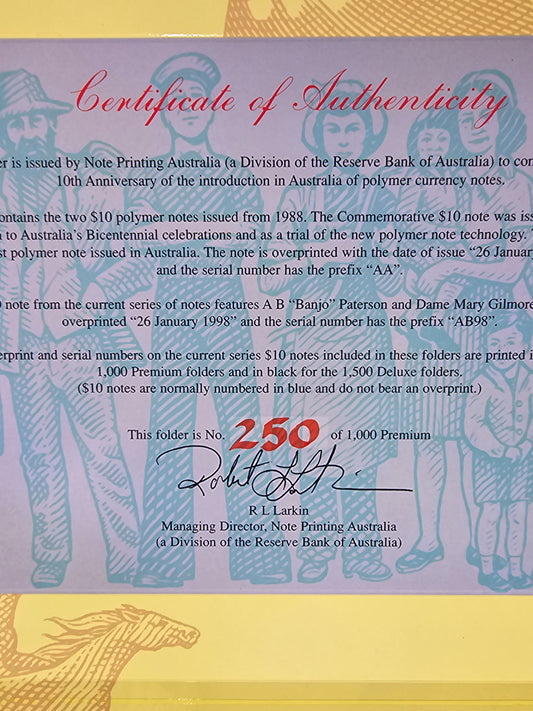 10th Anniversary of $10 Polymer 1988-1998 NPA Folder (Red Ink - Premium)