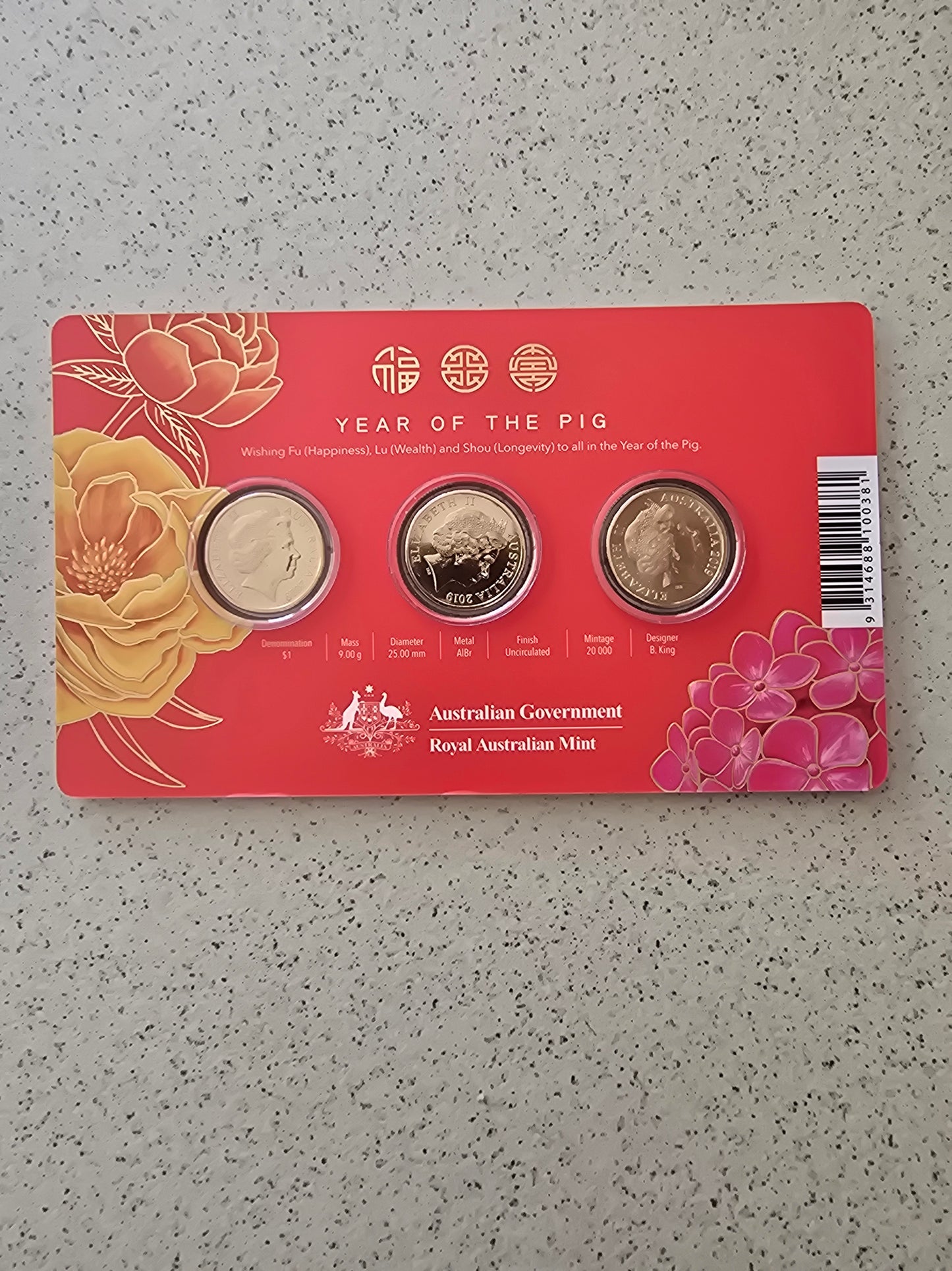 Lunar Pig 2019 $1 x 3 coin card