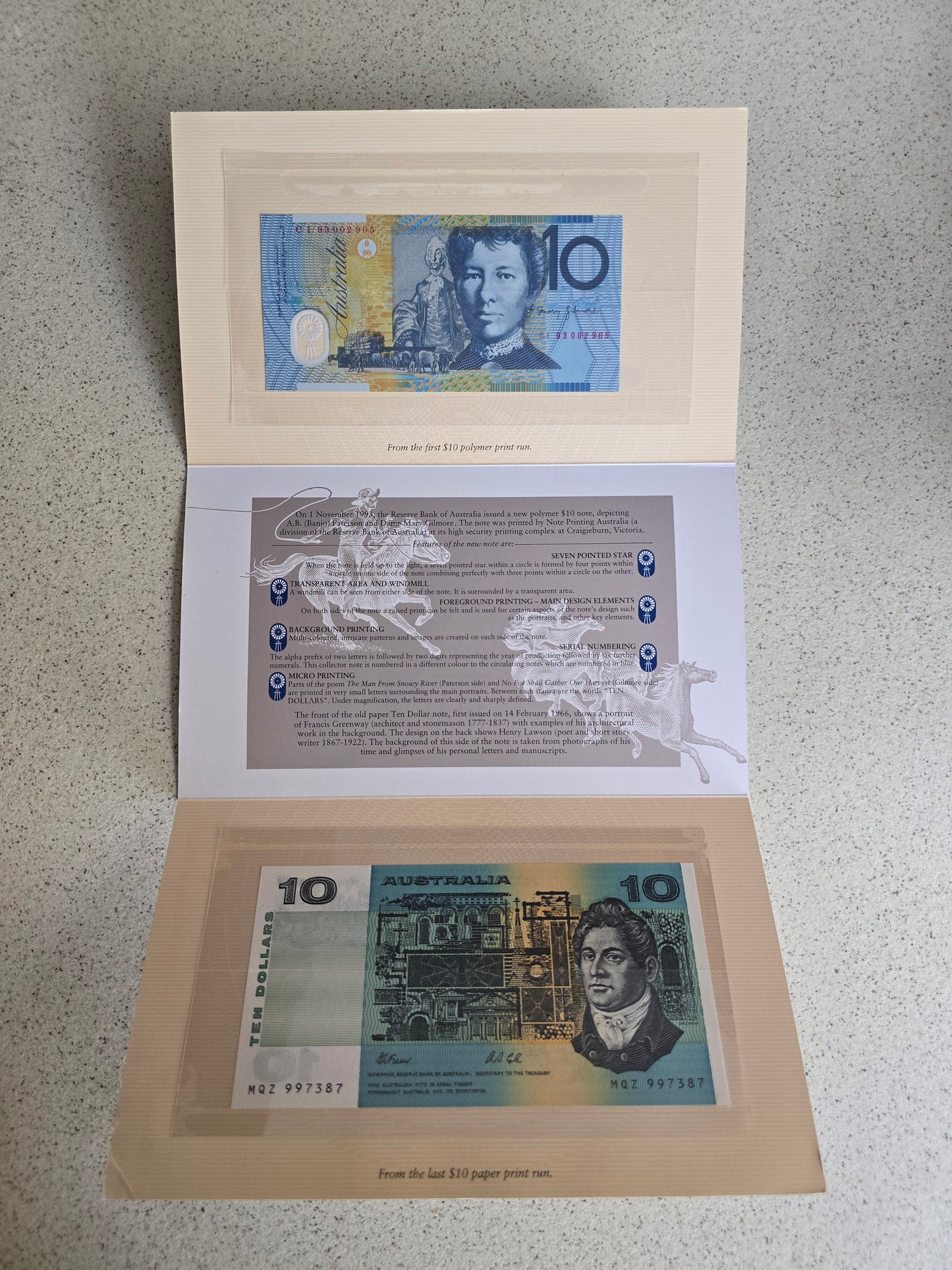 $10 NPA folio First-Last, embossed, 1993 issue (green/black serial)