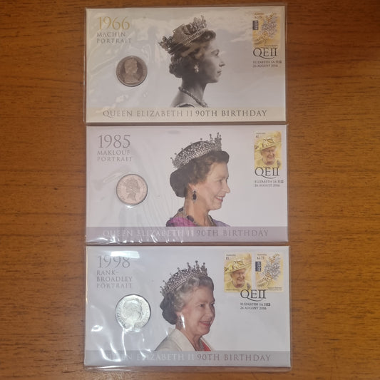 Queen Elizabeth II 90th Birthday PNC Set (3 pncs - 1966/185/1998 effigys)