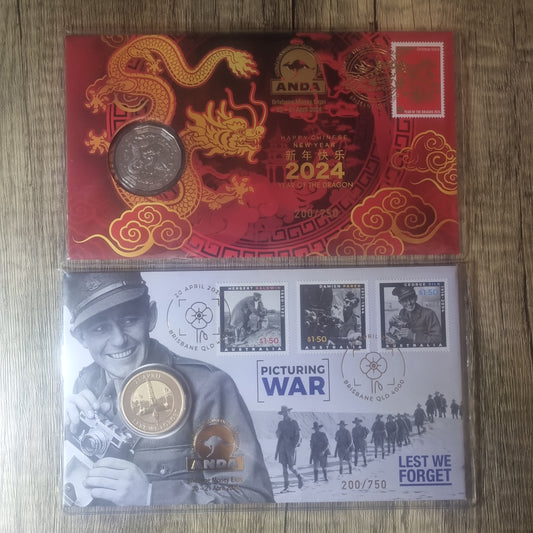 Dragon 50c CNY - Picturing War $1 Brisbane ANDA 2024 PNC Set