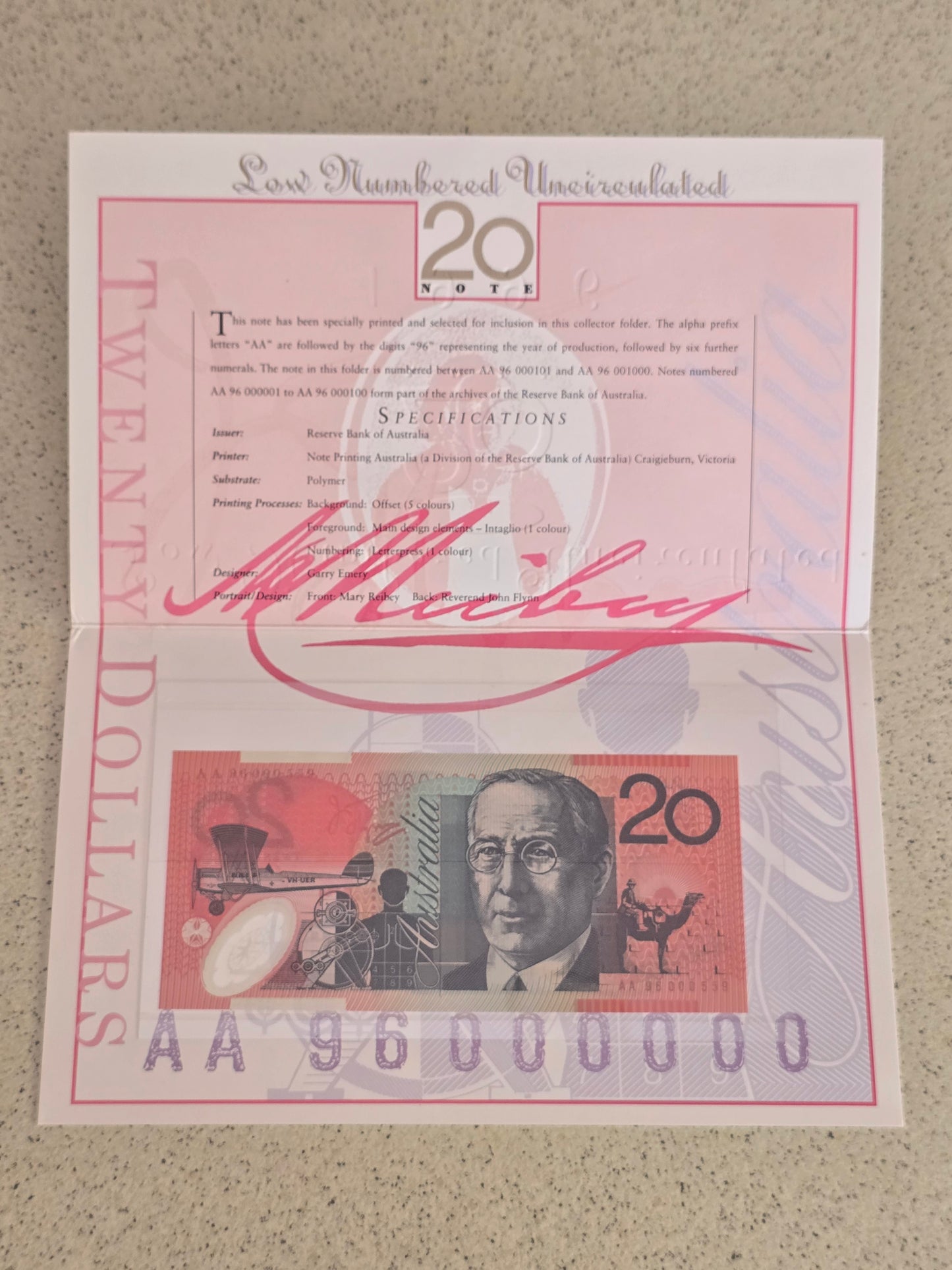 $20 Premium 1996 Red Ink Banknote (low serial)