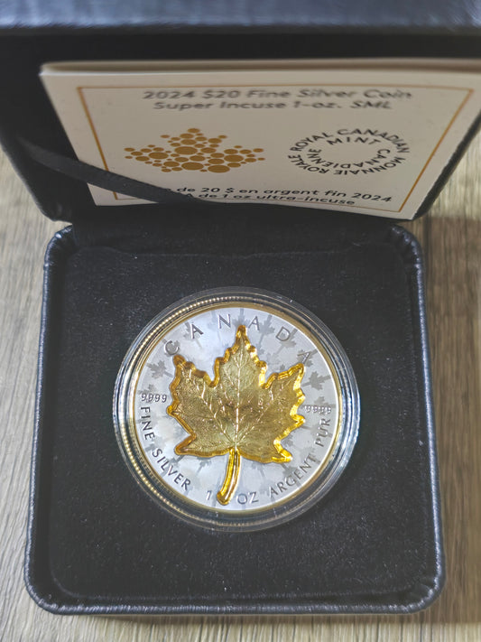 Maple Leaf Super Incused Gilded Silver Proof 1oz 2024 Canada