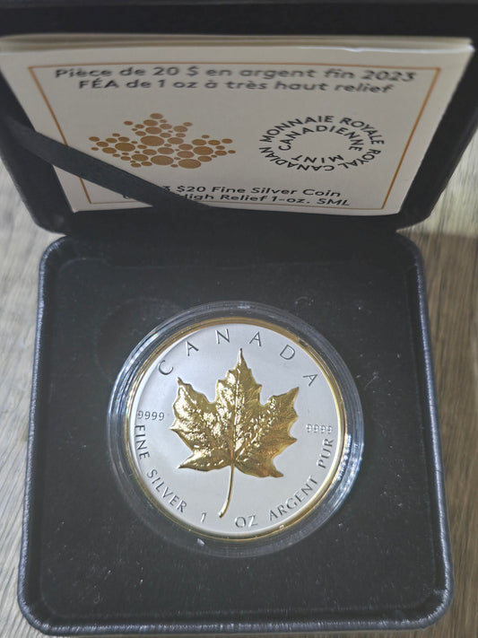 Maple Leaf High Relief Gilded Silver Proof 1oz 2023 Canada