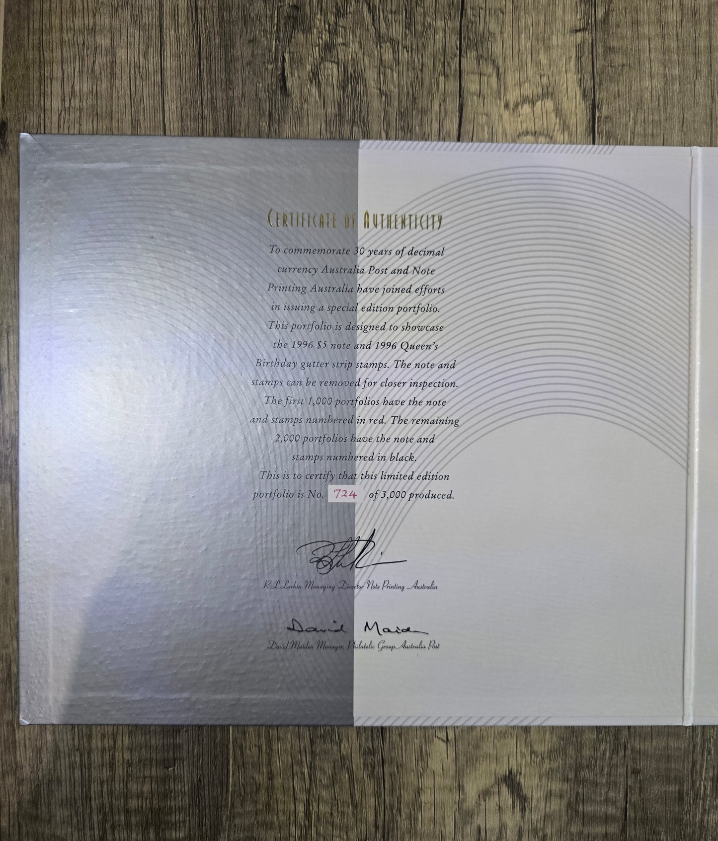 30years of Decimal Currency $5 Folder 1996 (red serial)