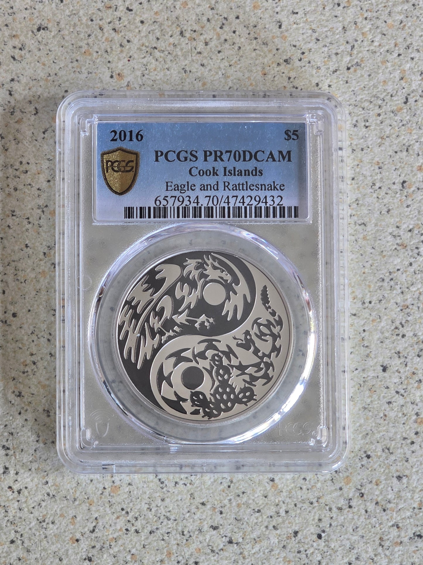 Eagle / Rattlesnake yin-yang 1oz 2016 Cook Islands PR70 (top pop)