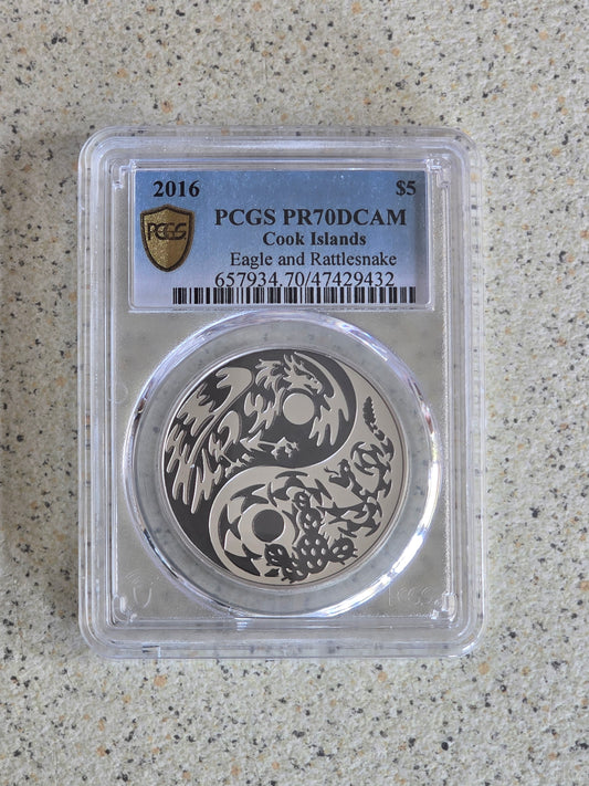 Eagle / Rattlesnake yin-yang 1oz 2016 Cook Islands PR70 (top pop)