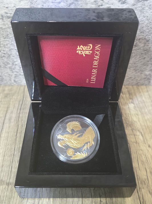 Year of the Dragon Blackened Silver Gold Gild Proof 1oz Nuie 2024
