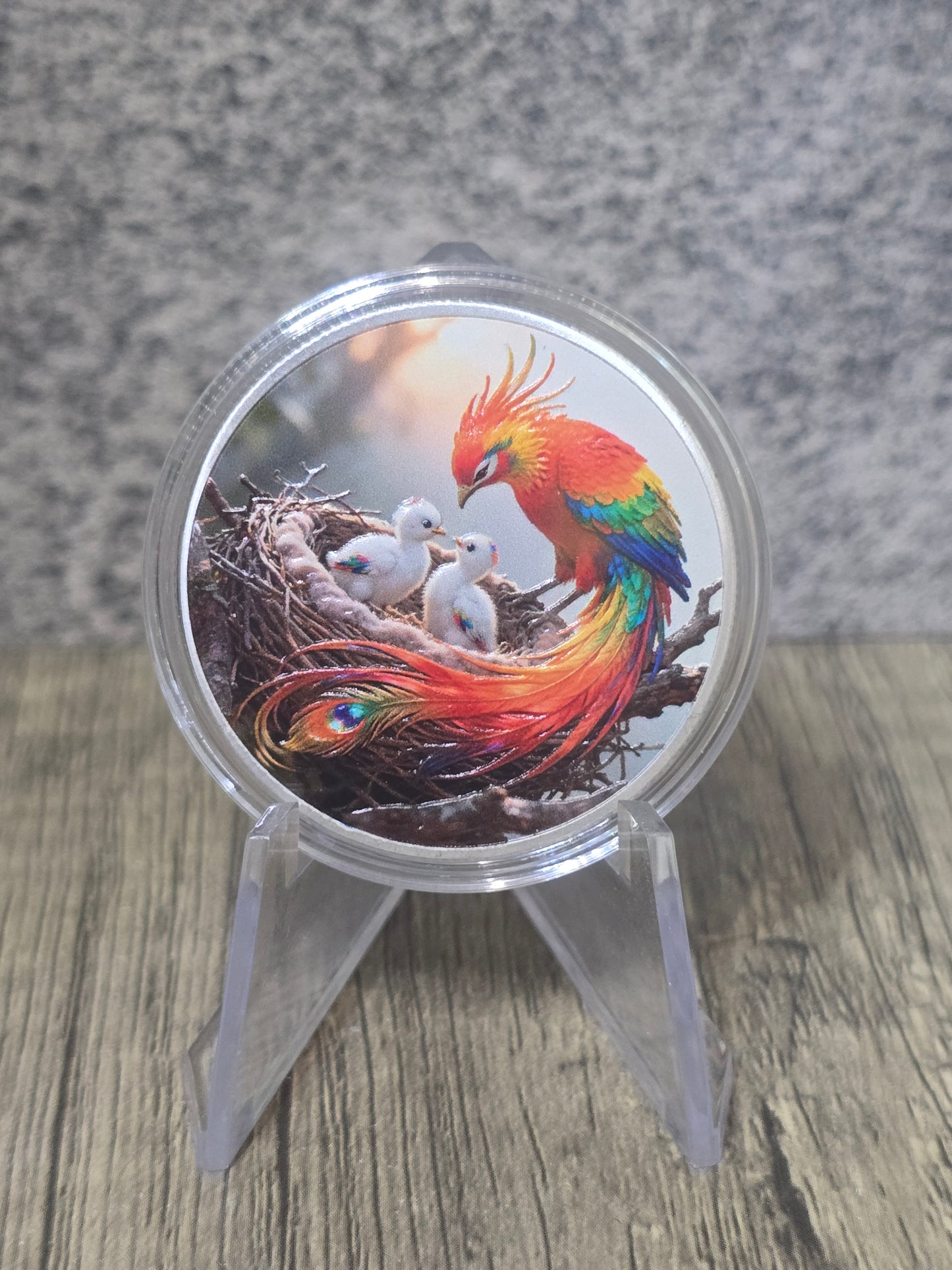 Phoenix w/babies in nest Coloured High Relief silver plated copper 1oz