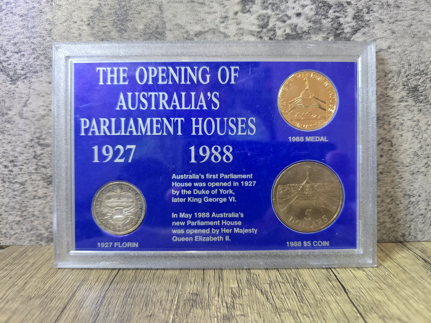 Opening of Parliment Houses 1927/1988 coins in frame display