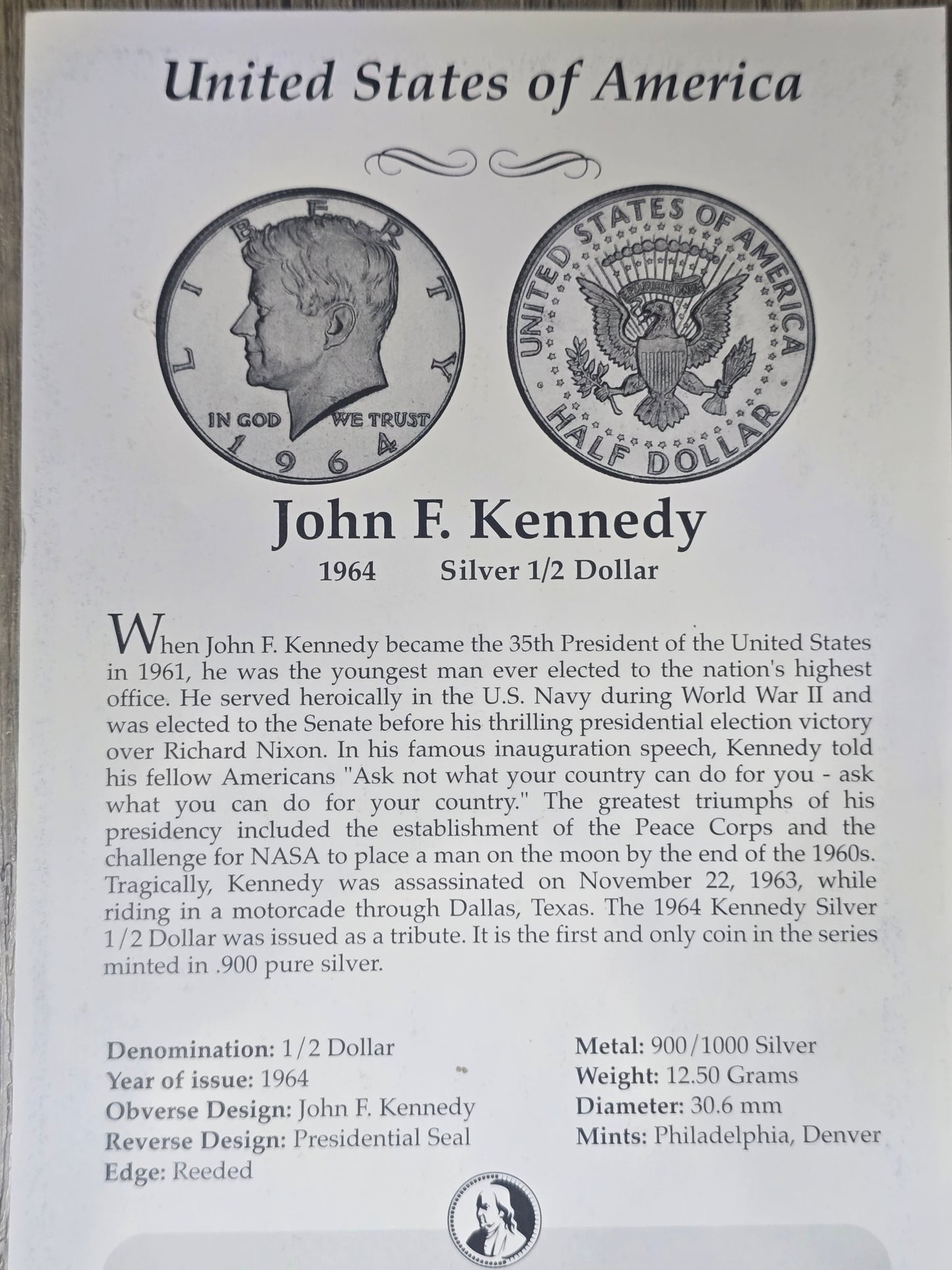 1964 USA, John F Kennedy Silver Half Dollar