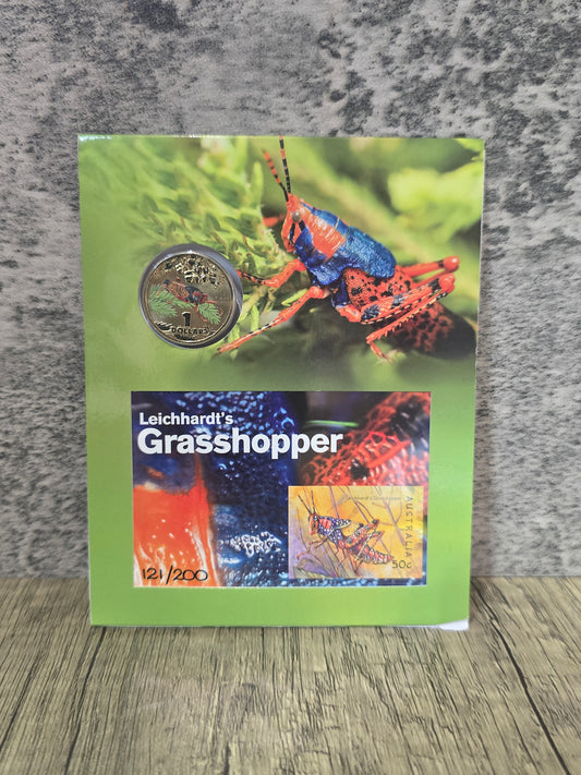 2014 $1 Impressions Bugs Series, Leichardt's Grasshoper, Stamp and Coin Set