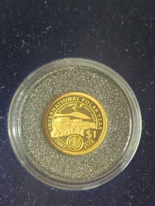 Scott Base, $1 1/25th Gold Proof, New Zealand 2007/2008