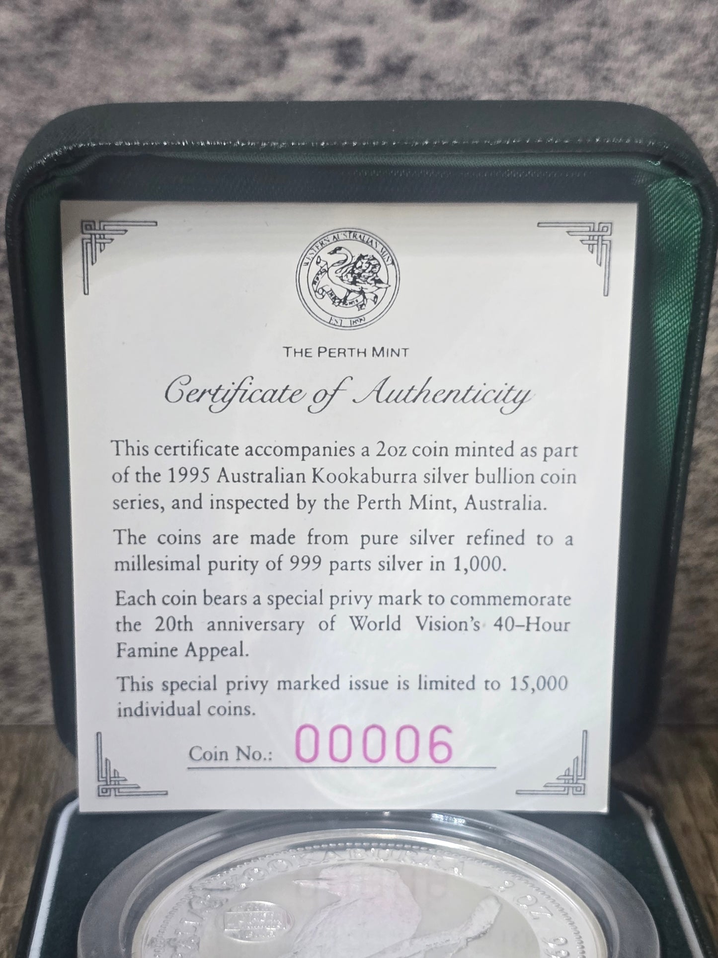 Kookaburra 2oz 40hr Famine, World Vision 20th Anniversary Privy, 1995