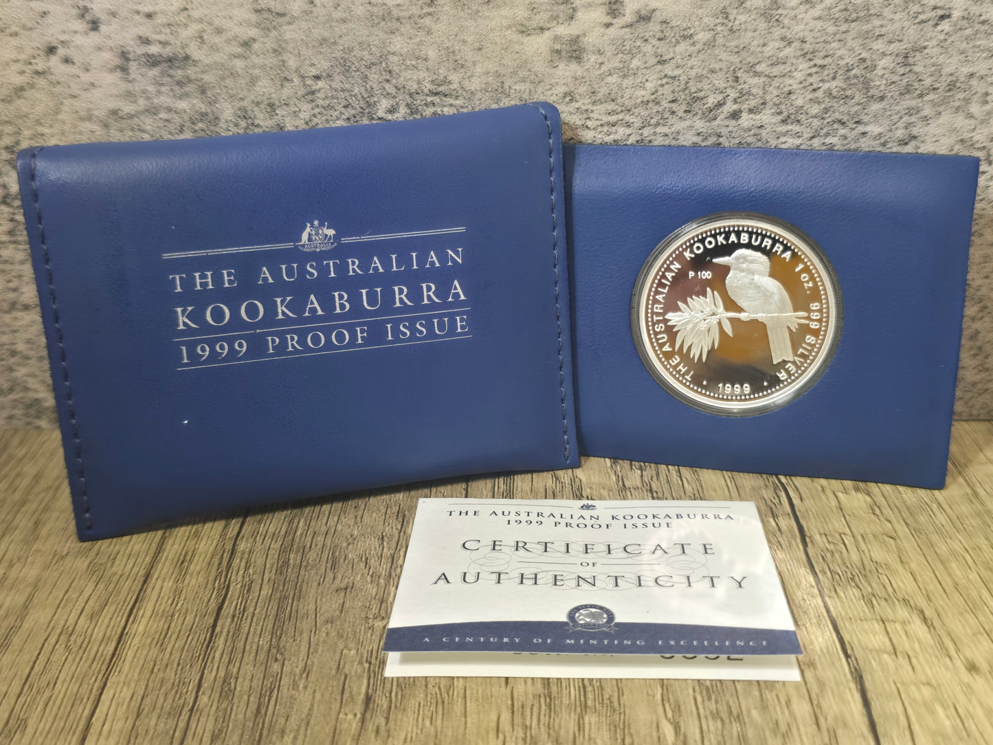 Kookaburra 1oz proof, blue wallet pouch, 1999
