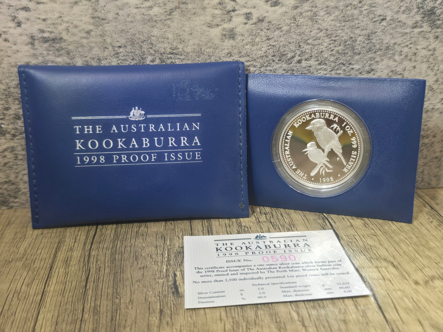 Kookaburra 1oz proof, blue wallet pouch, 1998