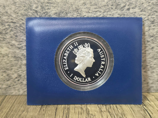 Kookaburra 1oz proof, blue wallet pouch, 1998