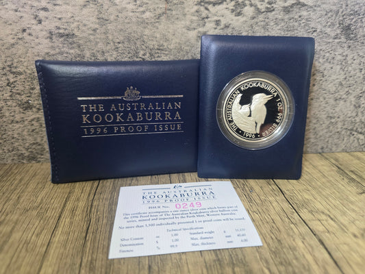 Kookaburra 1oz proof, dark blue wallet pouch, 1996