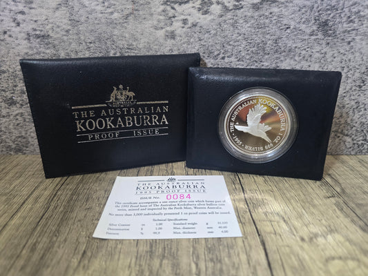 Kookaburra 1oz proof, black wallet pouch, 1995