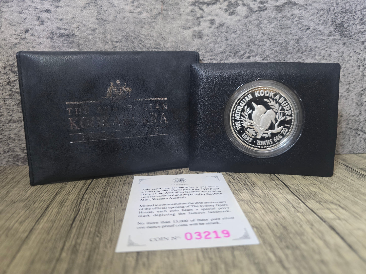 Kookaburra 1oz proof, OperaHouse Privy, black wallet pouch, 1993