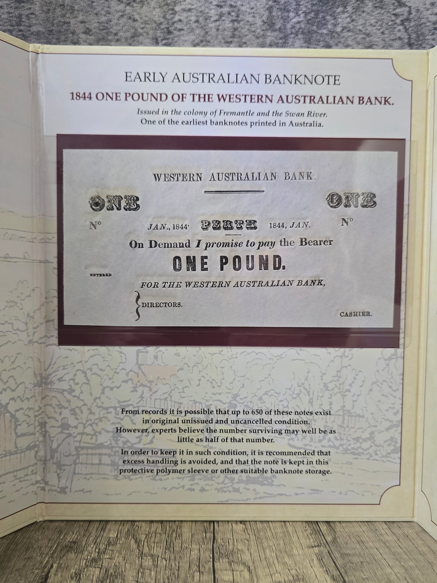 1844 £1 Banknote Type 1 Unissued UNC Banknote, Bank of Western Australia, Folio Display