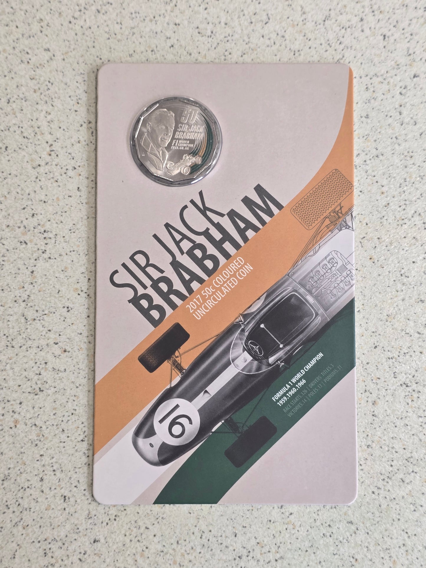 Sir Jack Brabham coloured 50c card 2017