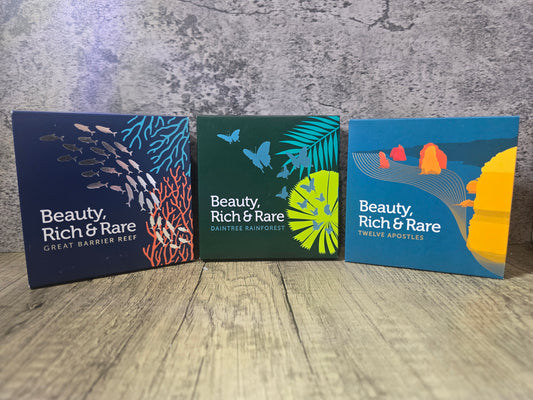 Beauty, Rich, and Rare 1oz Domed set (Great Barrier Reef, Daintree, 12 Apostles)
