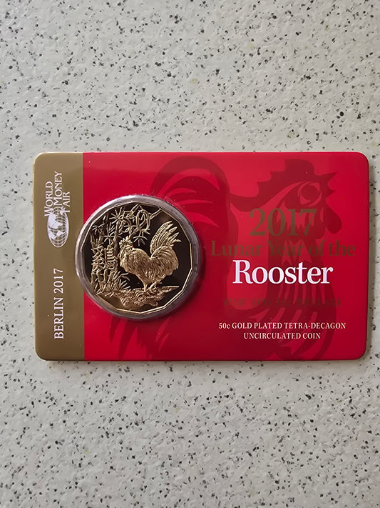 Lunar Rooster 50c Gold Plated Tetradecagon card 2017