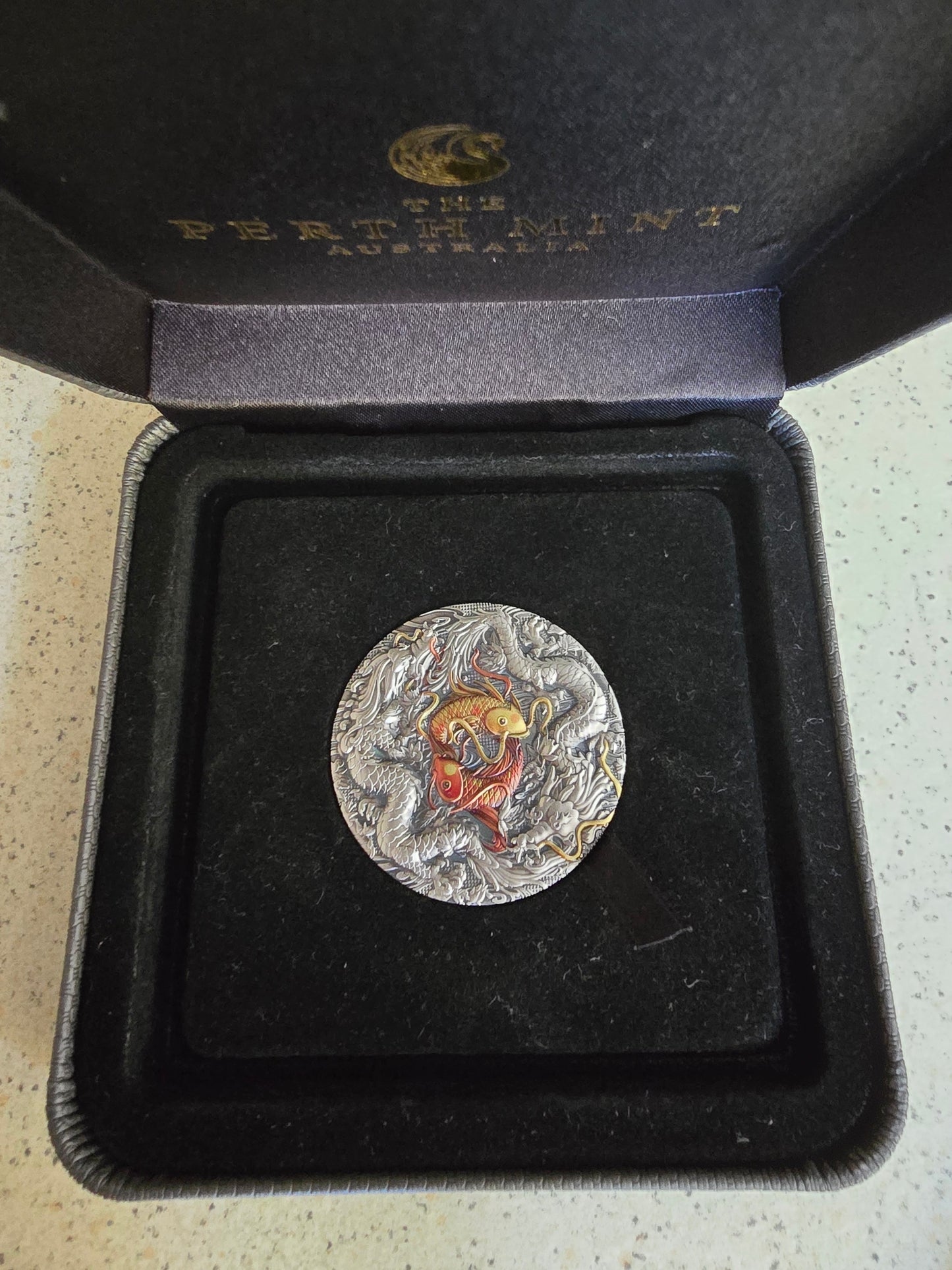 Double Dragon & Yin Yang Koi 2oz coloured antique silver 2021