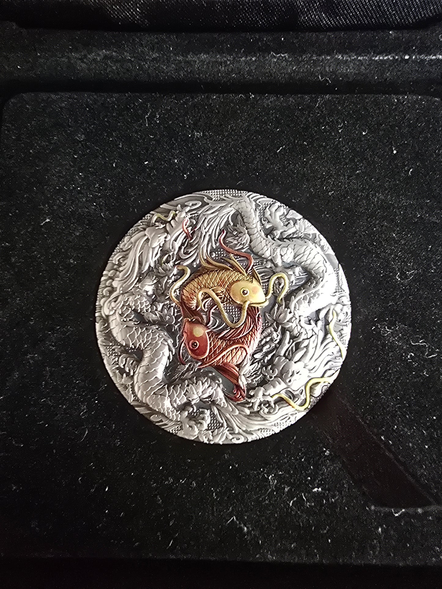 Double Dragon & Yin Yang Koi 2oz coloured antique silver 2021
