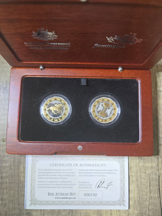 150th running of Melbourne Cup proof set, gold gilded silver 50c 2010